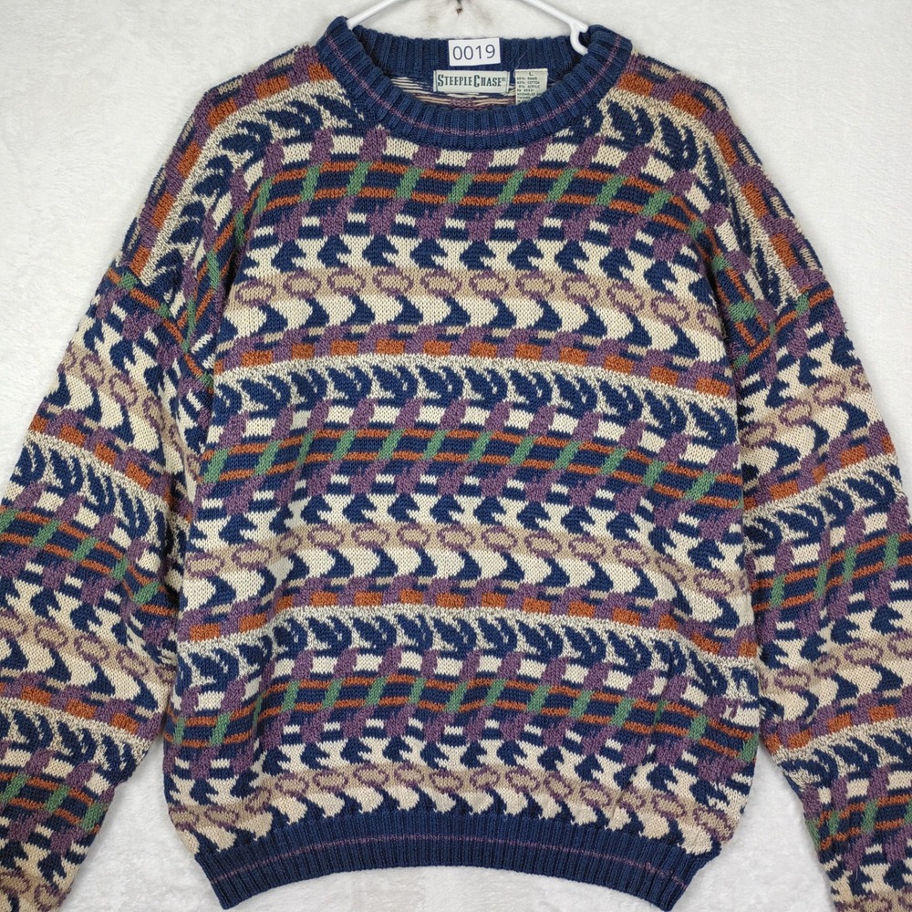 Steeple Chase Vintage 90s Geometric Abstract Knit Crewneck Sweater Mens Large